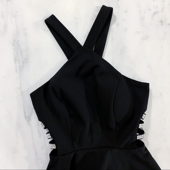 Black Halter High Low Dress with Rhinestones - Picture 3 of 16